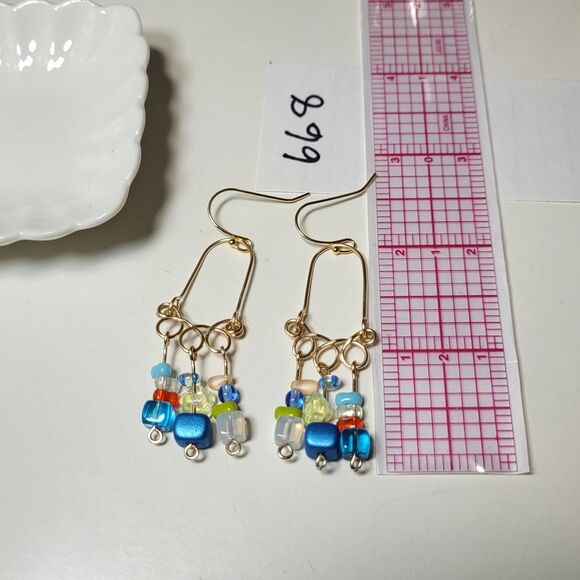 artisan earrings 668#mfs Czech glass fringe boho earrings blues multicolor beaut - Picture 4 of 4